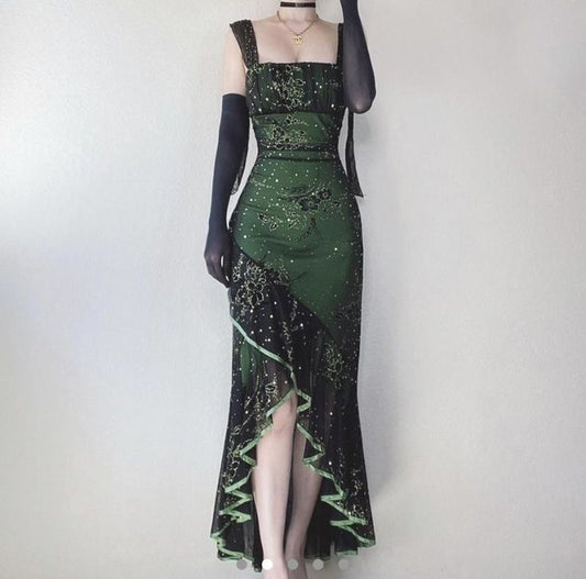 Green Spaghetti Strap Ruffle Vintage Long Prom Dresses TP1675