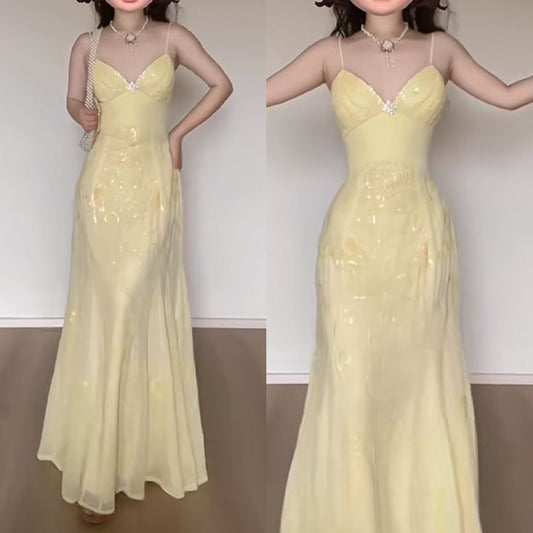Pale Yellow Mermaid Spaghetti Strap Chiffon Beaded Long Prom Dresses TP1676