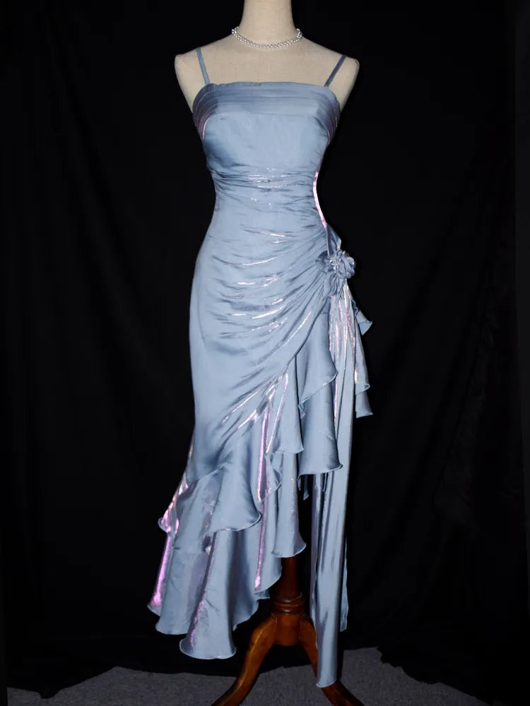Sky Blue Halter Vintage Asymmetric Hem Long Prom Dresses TP1677