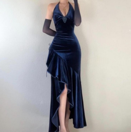 Dark Blue Neckless Mermaid High Low Velvet Long Prom Dress TP1684
