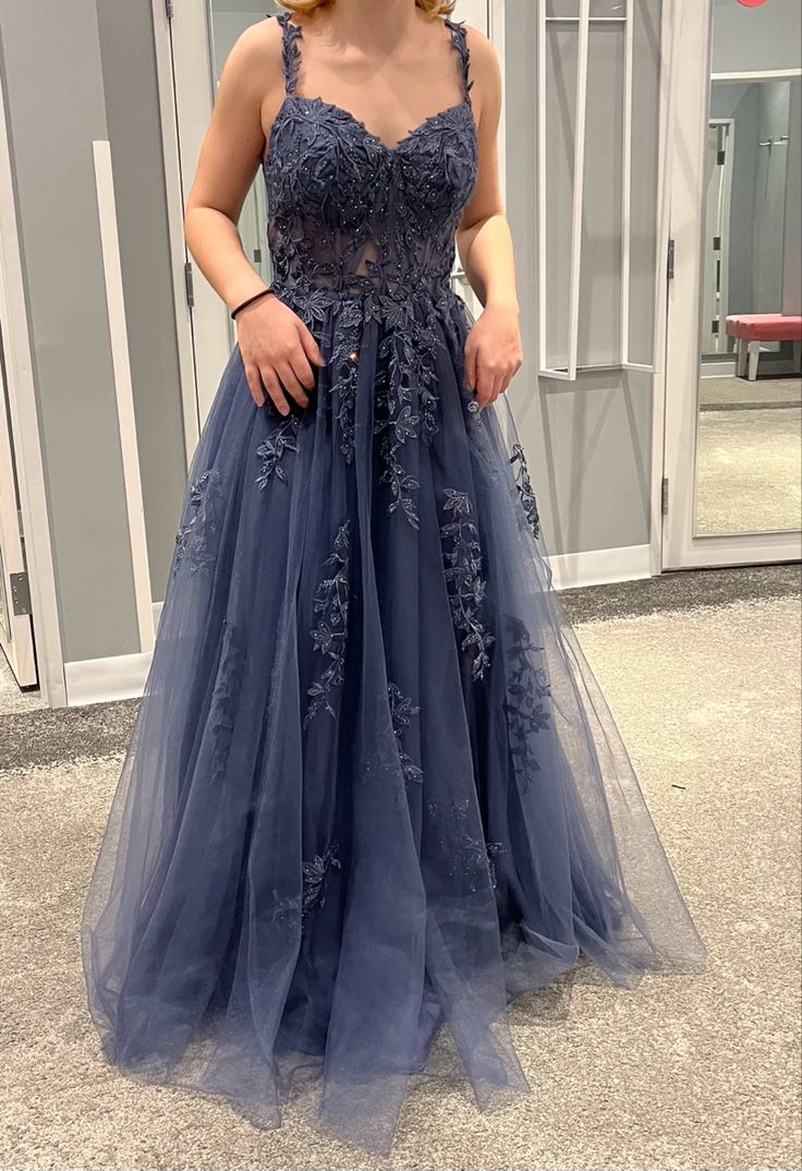 Blue V Neck A-line Applique Spaghetti Strap Long Prom Dresses TP1688