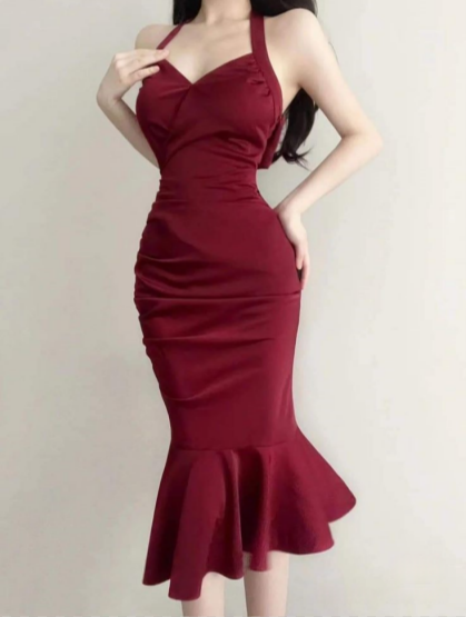 Burgundy Mermaid Neckline Sateen Irregular Hem Knee Length Gown TP1689