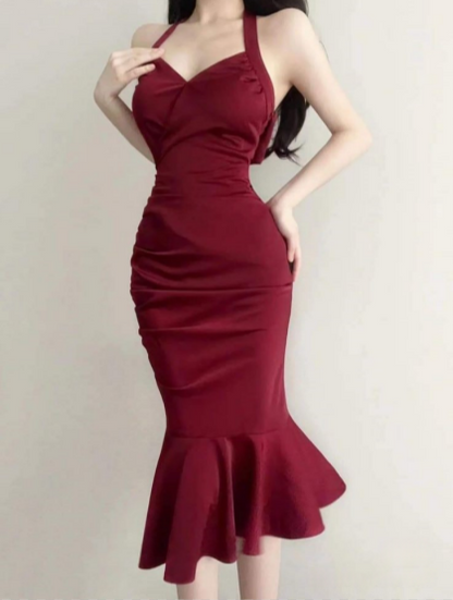 Burgundy Mermaid Neckline Sateen Irregular Hem Knee Length Gown TP1689