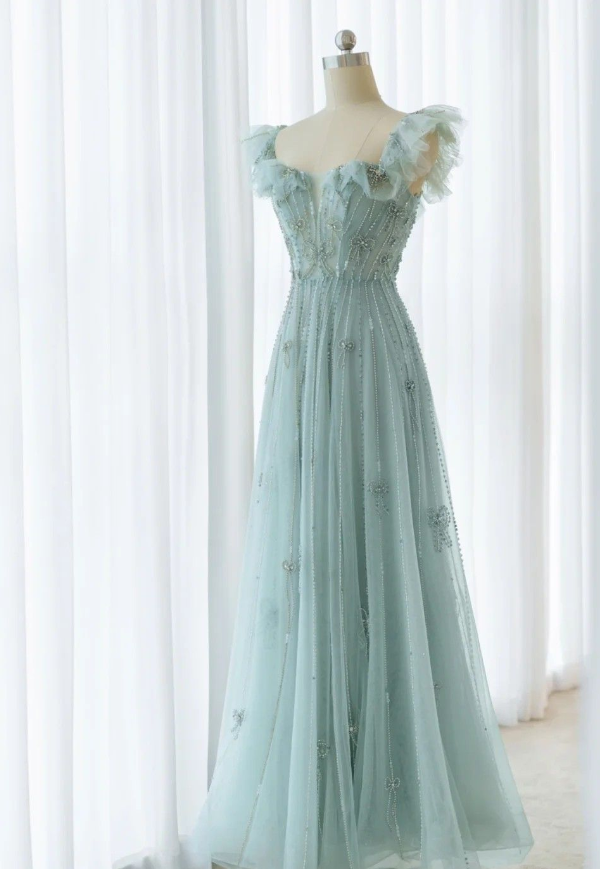 Green A-Line Straps Tulle Beaded Long Prom Dresses TP1690