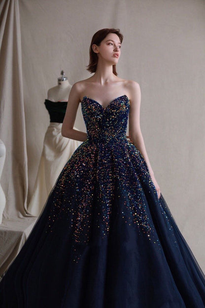 A-line Dark Blue Heart Shaped Neck Beaded Long Prom Dresses TP1692