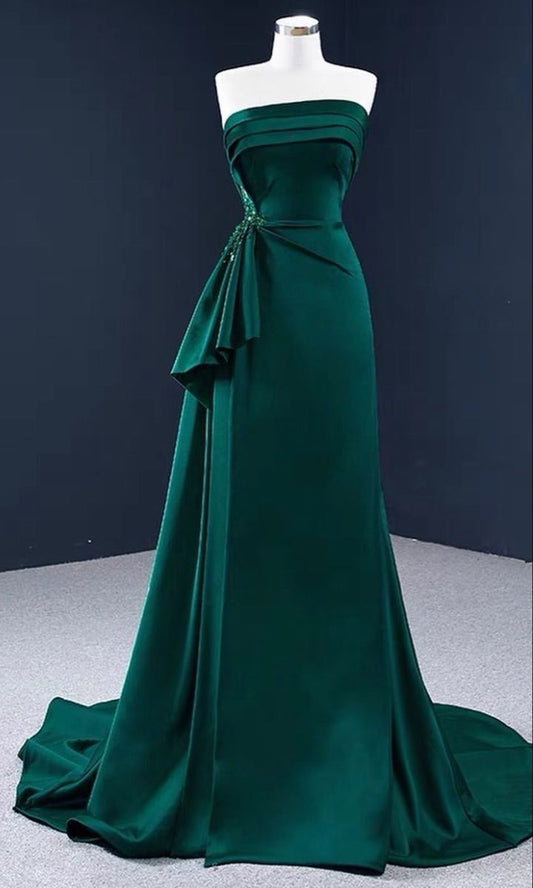 Elegant Green A-Line Strapless Satin Long Prom Dresses TP1696