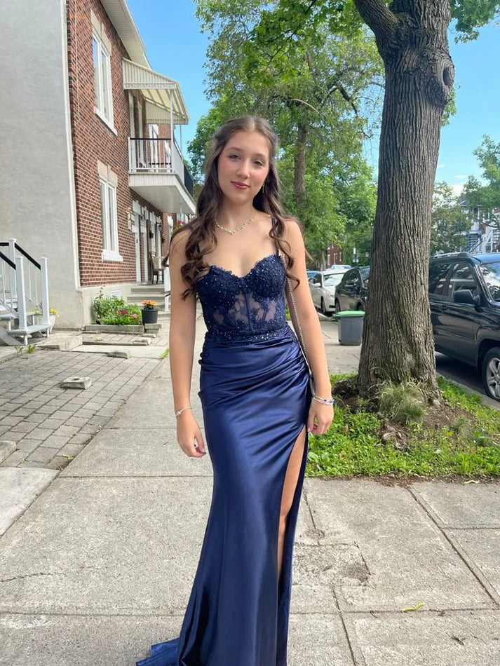 Navy Blue Mermaid Spaghetti Strap Lace Satin High Split Long Prom Dresses TP1698