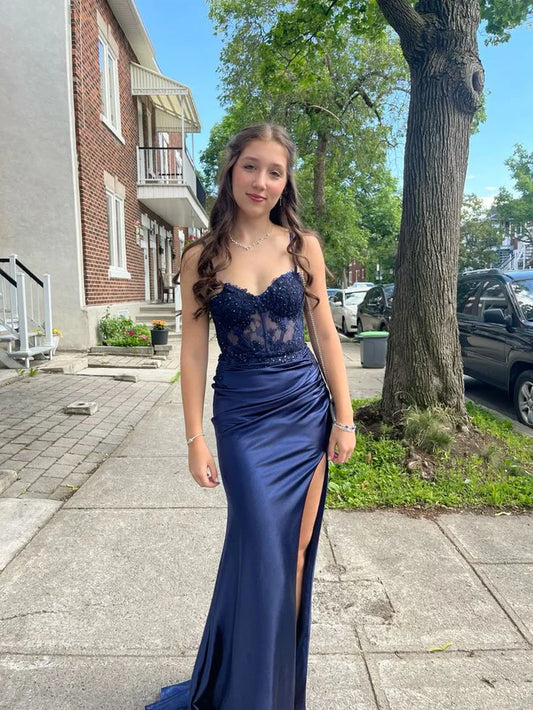 Navy Blue Mermaid Spaghetti Strap Lace Satin High Split Long Prom Dresses TP1698