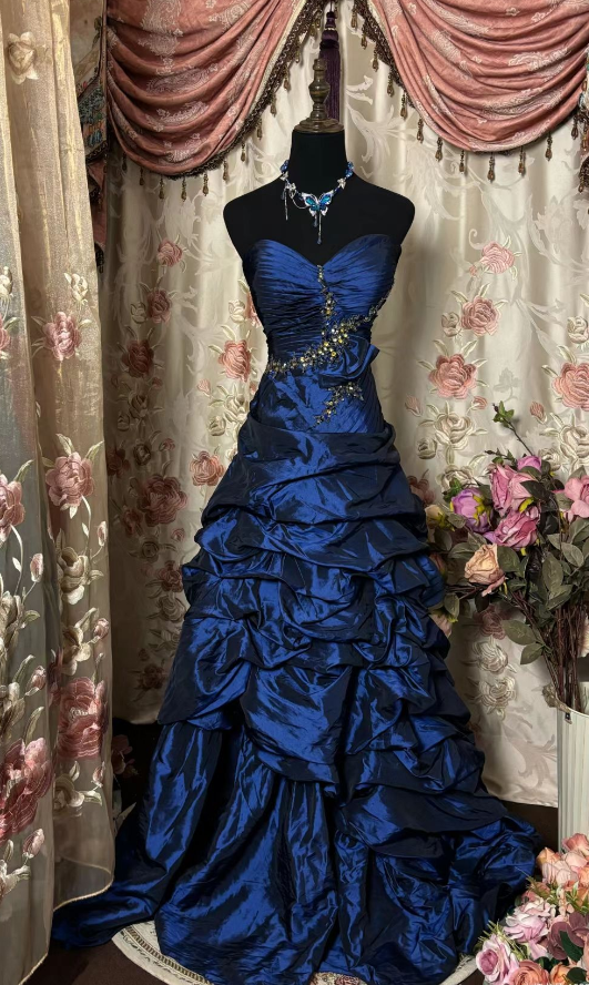 Navy A-Line Strapless Heart Shaped Neck Vintage Floor Length Prom Dresses TP1700