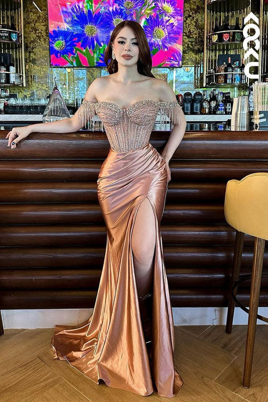 Pink Strapless Sparkling Mermaid Satin High Split Floor Length Ball Gowns TP1705
