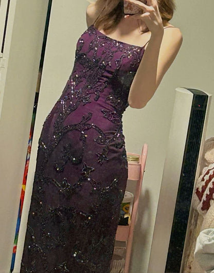 Purple Mermaid Sequined High Split Spaghetti Strap Long Prom Dresses TP1706