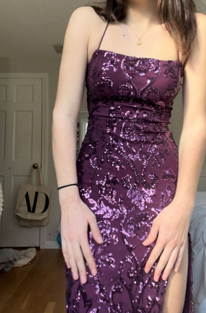 Purple Mermaid Sequined High Split Spaghetti Strap Long Prom Dresses TP1706