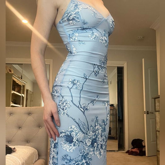 Sexy Blue Mermaid Printed Spaghetti Strap Long Prom Dresses TP1707