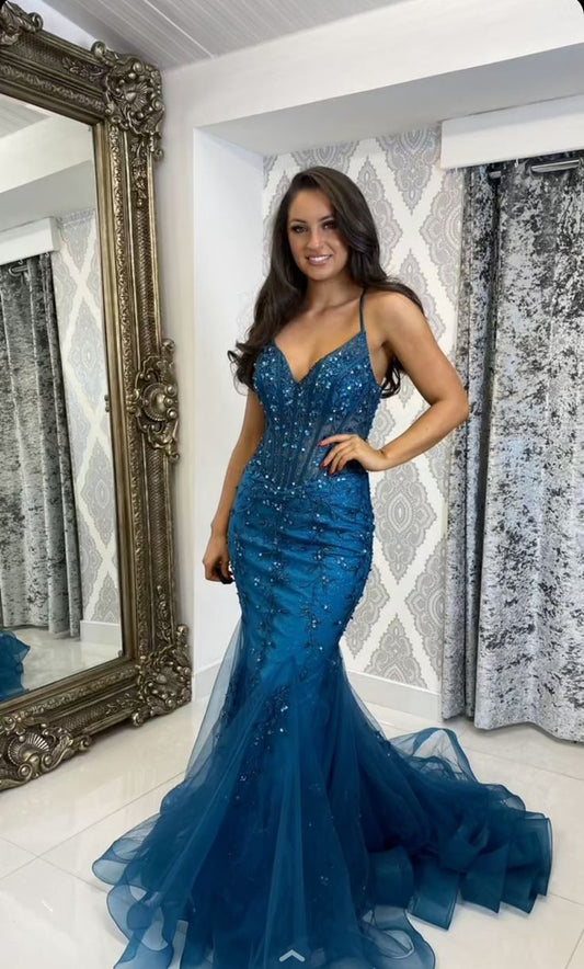 Sequined Blue Mermaid Spaghetti Strap Tulle Long Prom Dresses  TP1709