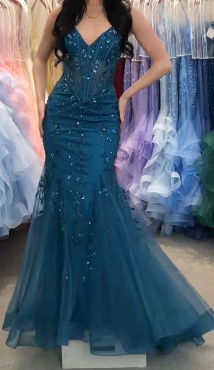 Sequined Blue Mermaid Spaghetti Strap Tulle Long Prom Dresses  TP1709