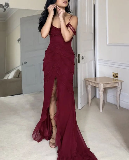Burgundy Strapless Straps Multi Layered Ruffle Split Long Dress  TP1710