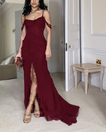 Burgundy Strapless Straps Multi Layered Ruffle Split Long Dress  TP1710