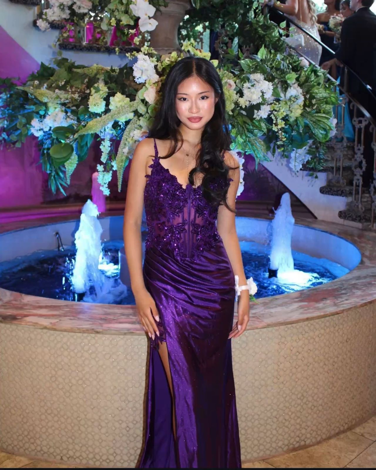 Purple Lace Sexy High Split Spaghetti Strap Satin Long Prom Dresses  TP1711