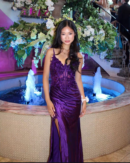 Purple Lace Sexy High Split Spaghetti Strap Satin Long Prom Dresses  TP1711