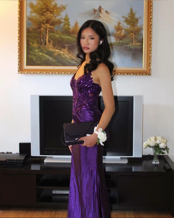 Purple Lace Sexy High Split Spaghetti Strap Satin Long Prom Dresses  TP1711