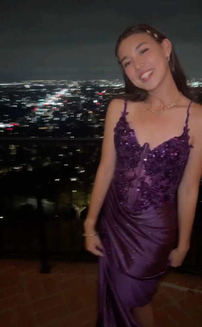 Purple Lace Sexy High Split Spaghetti Strap Satin Long Prom Dresses  TP1711