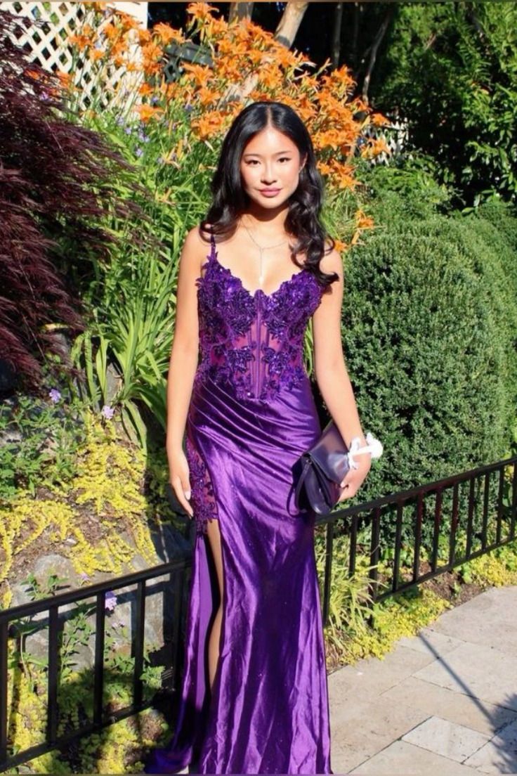 Purple Lace Sexy High Split Spaghetti Strap Satin Long Prom Dresses  TP1711