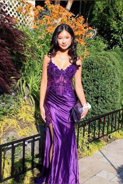 Purple Lace Sexy High Split Spaghetti Strap Satin Long Prom Dresses  TP1711