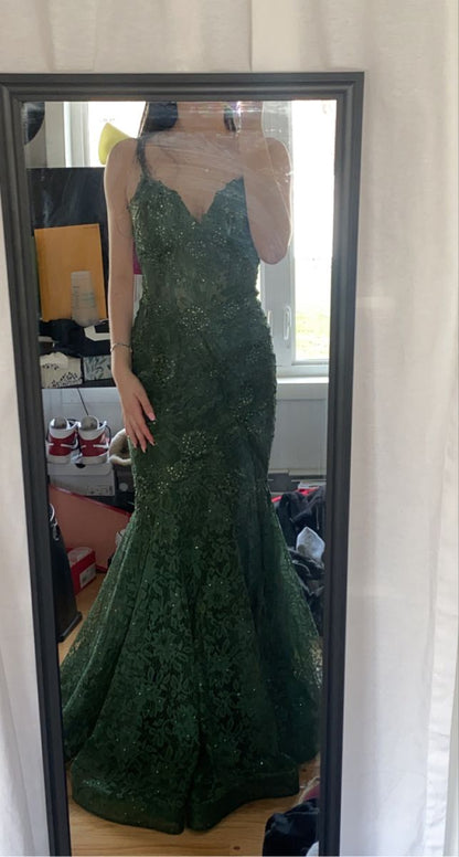 Green Lace Mermaid Spaghetti Strap Long Prom Dresses TP1722