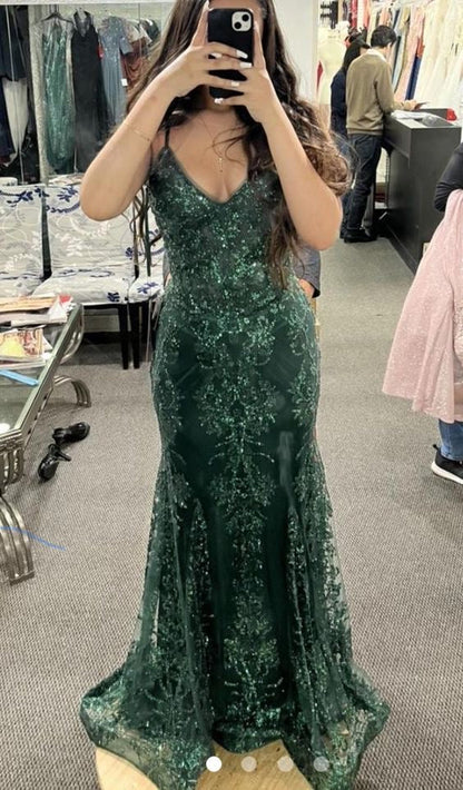 Green Lace Mermaid Spaghetti Strap Long Prom Dresses TP1722