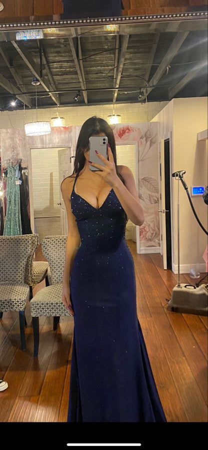 Navy Blue Mermaid Neckline Sequins Sexy Long Prom Dresses Birthday Dresses TP1725
