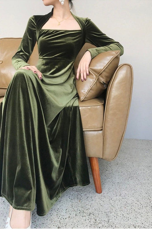 Green Long Sleeve Elegant Velvet A-Line Long Prom Dresses TP1729