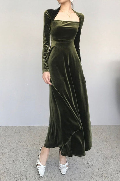 Green Long Sleeve Elegant Velvet A-Line Long Prom Dresses TP1729
