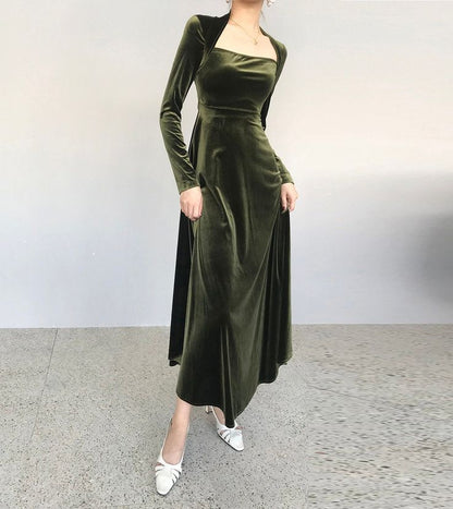 Green Long Sleeve Elegant Velvet A-Line Long Prom Dresses TP1729