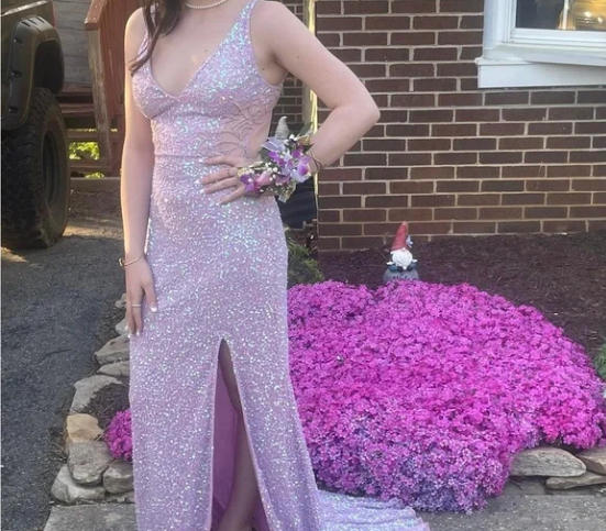 Pink V Neck Straps Sequins Cutout Split Long Prom Dresses TP1732