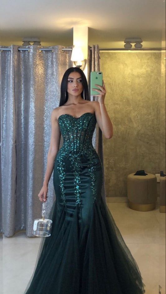 Green Mermaid Heart Neck Strapless Sequined Tulle Long Prom Dresses TP1735