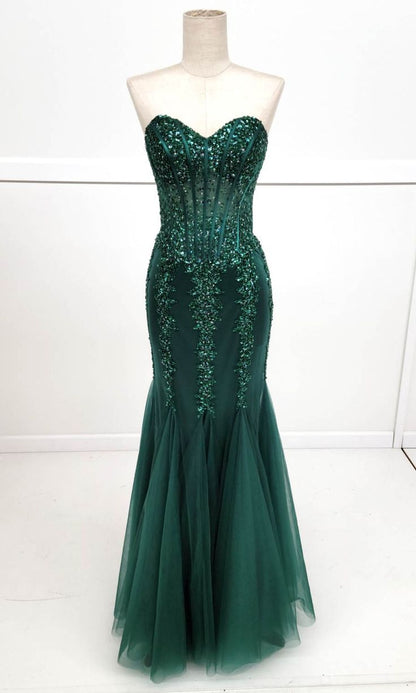 Green Mermaid Heart Neck Strapless Sequined Tulle Long Prom Dresses TP1735