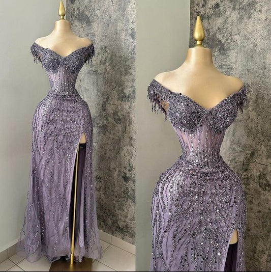 Elegant Purple Mermaid Off-the-shoulder Sequined High Slit Chiffon Long Ball Gown TP1738