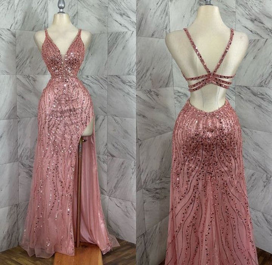 Pink halterneck sequined V-neck high slit backless long ball gown TP1739