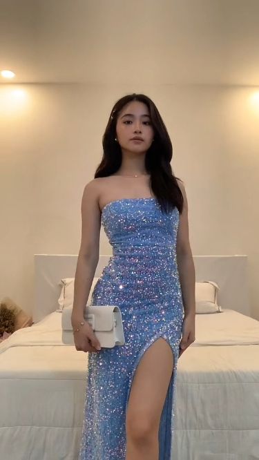 Blue Strapless Sequined High Slit Long Ball Gown TP1742