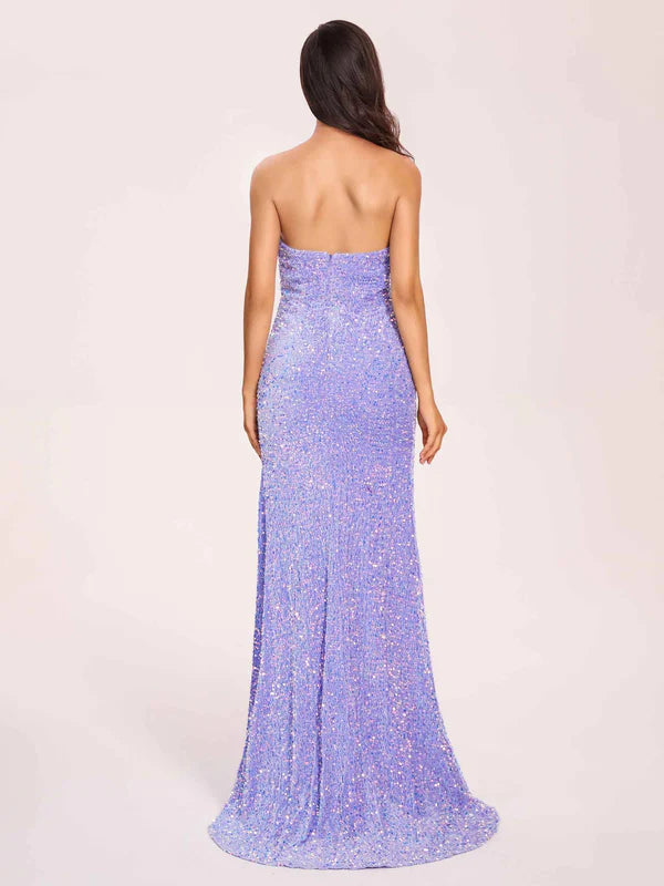 Blue Strapless Sequined High Slit Long Ball Gown TP1742