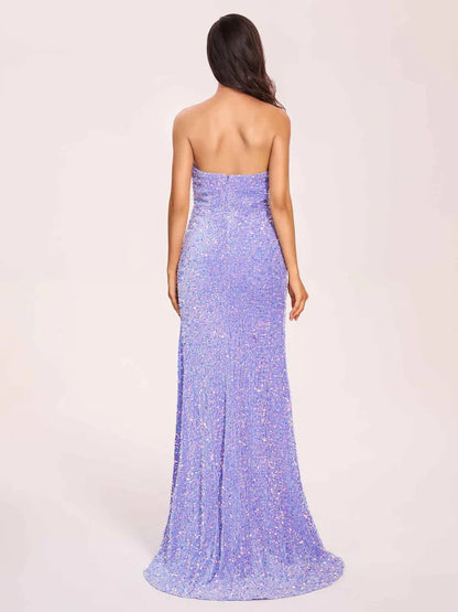 Blue Strapless Sequined High Slit Long Ball Gown TP1742