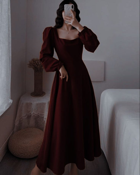 A-line burgundy long-sleeved velvet ankle-length skirt TP1746