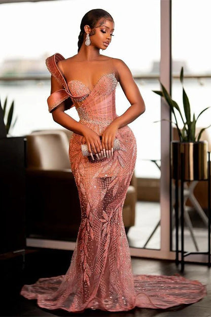 Charming Pink One Shoulder Mermaid Glitter Sequin Long Ball Gown TP1754