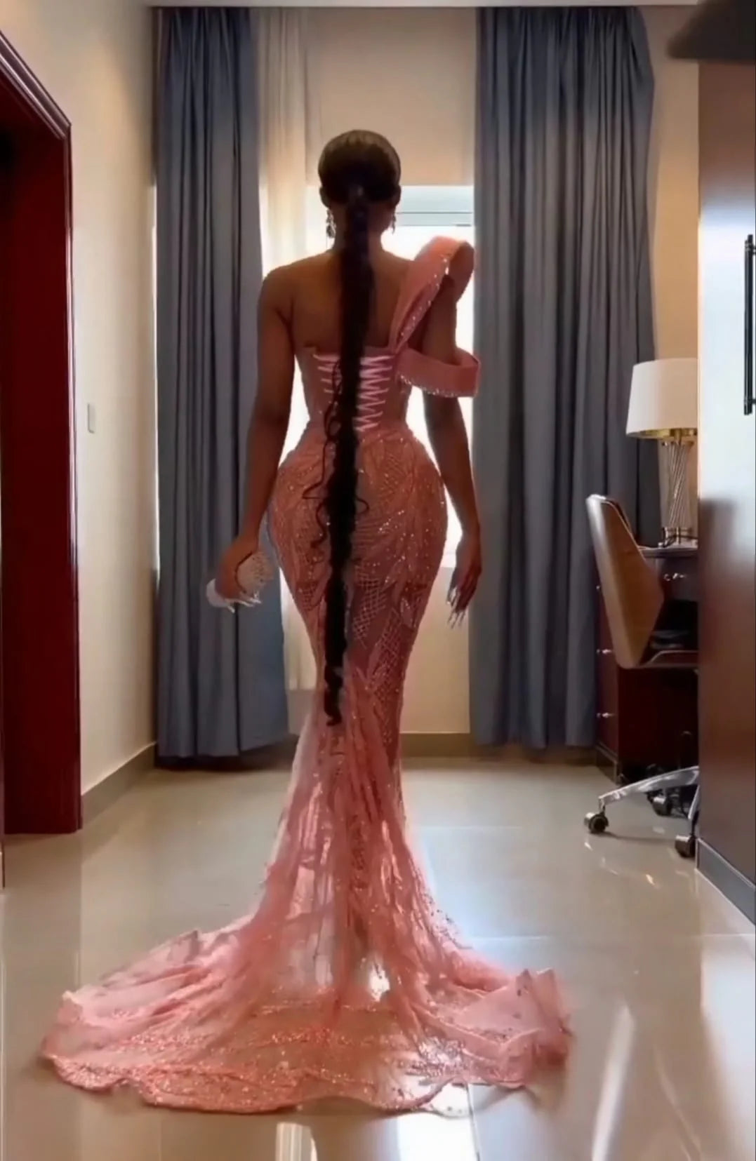 Charming Pink One Shoulder Mermaid Glitter Sequin Long Ball Gown TP1754