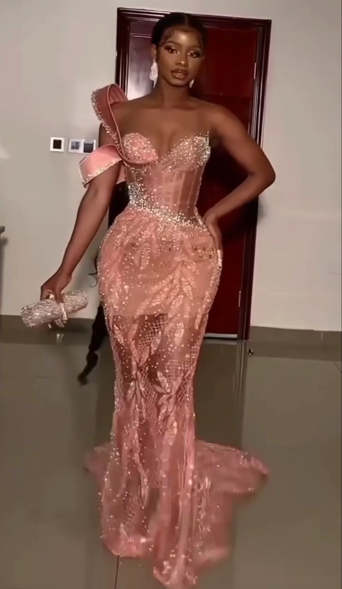 Charming Pink One Shoulder Mermaid Glitter Sequin Long Ball Gown TP1754