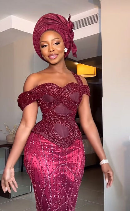 Sexy Red Mermaid One Shoulder Sequined Long Ball Gown TP1755
