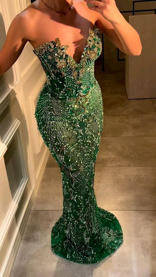 Green mermaid heavy strapless sweetheart neckline beaded glitter long ball gown TP1757