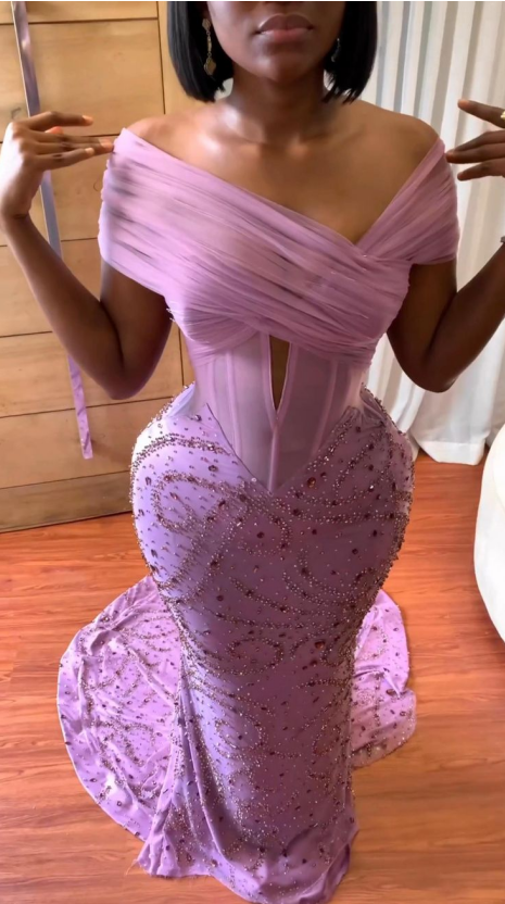 Pink Mermaid Off-the-shoulder Sequin Beaded Floor-length Evening Dress TP1759