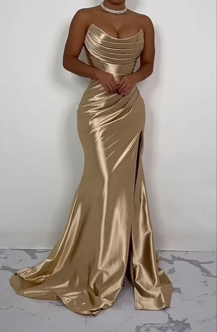 Elegant Strapless Side Slit Mermaid Long Satin Floral Formal Dresses For Women