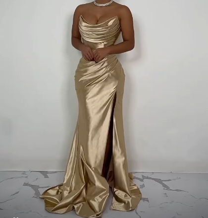 Stretch Satin Backless Mermaid Gown With Slit Champagne